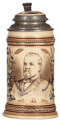 Pottery stein, .5L, transfer & relief, Louis Bergdoll, Philadelphia, 1849 - 1893, inlaid lid, mint.