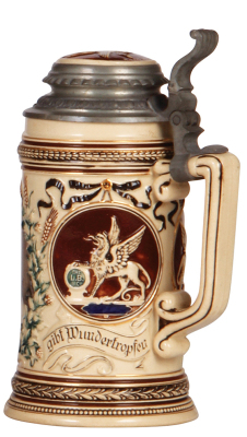 Pottery stein, .5L, transfer & relief, Louis Bergdoll, Philadelphia, 1849 - 1893, inlaid lid, mint. - 2