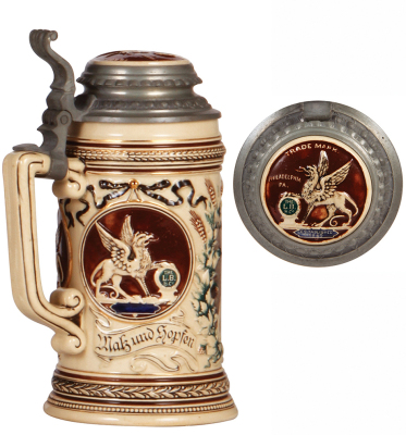 Pottery stein, .5L, transfer & relief, Louis Bergdoll, Philadelphia, 1849 - 1893, inlaid lid, mint. - 3