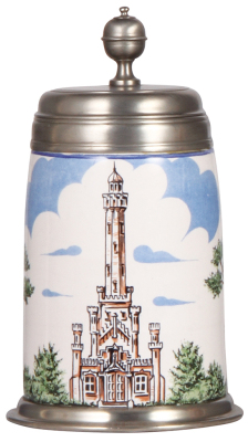 Pottery stein, 8.8" ht., SCI Convention, Chicago, IL, 1975, sample version, Faience style, pewter lid, mint.    