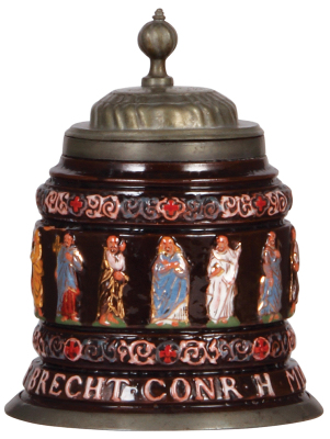 Pottery stein, 1.0L, 8.4" ht., relief, Creussen style, c.1900, Apostles, pewter lid & base ring, break on side glued.