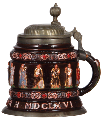 Pottery stein, 1.0L, 8.4" ht., relief, Creussen style, c.1900, Apostles, pewter lid & base ring, break on side glued. - 2