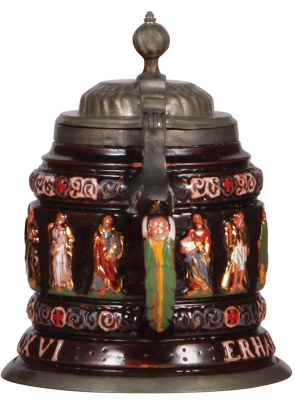 Pottery stein, 1.0L, 8.4" ht., relief, Creussen style, c.1900, Apostles, pewter lid & base ring, break on side glued. - 3