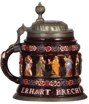 Pottery stein, 1.0L, 8.4" ht., relief, Creussen style, c.1900, Apostles, pewter lid & base ring, break on side glued. - 4