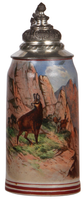 Stoneware stein, 2.0L, 12.4" ht., transfer, marked Marzi & Remy, mountain scene, pewter lid, mint.