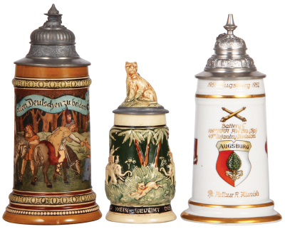 Three steins, .5L, pottery, marked 429, H.R., by Hauber & Reuther, etched, pewter lid, small base chip & hairline, finial pushed down; with, pottery, .3L, relief, safari scene, inlaid lid, flake on upper rim; with, U.S. Military, Battery C, 169th. AAA AW 