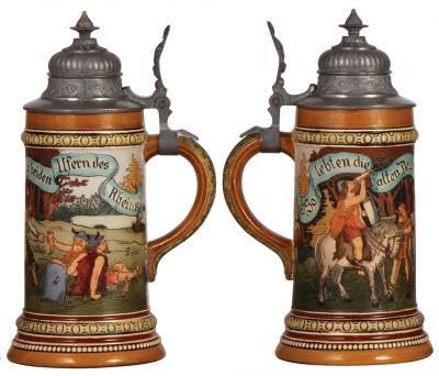 Three steins, .5L, pottery, marked 429, H.R., by Hauber & Reuther, etched, pewter lid, small base chip & hairline, finial pushed down; with, pottery, .3L, relief, safari scene, inlaid lid, flake on upper rim; with, U.S. Military, Battery C, 169th. AAA AW - 2