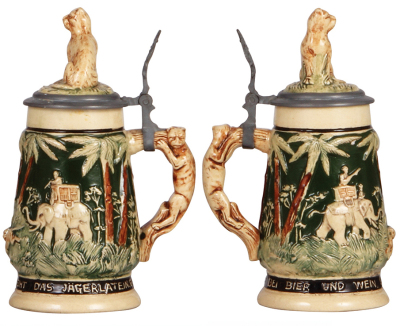 Three steins, .5L, pottery, marked 429, H.R., by Hauber & Reuther, etched, pewter lid, small base chip & hairline, finial pushed down; with, pottery, .3L, relief, safari scene, inlaid lid, flake on upper rim; with, U.S. Military, Battery C, 169th. AAA AW - 3