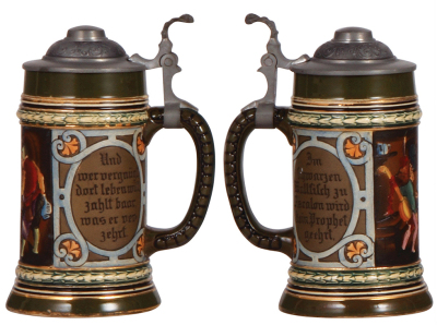 Three pottery steins, .3L, etched, marked Gerz, 275B, original pewter lid, pewter tear; with, .25L, etched, by Rosskopf & Gerz, 640, inlaid lid, mint; with, .3L, etched, by J.W. Remy, 1386, inlaid lid, pewter tear. - 2