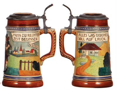 Three pottery steins, .3L, etched, marked Gerz, 275B, original pewter lid, pewter tear; with, .25L, etched, by Rosskopf & Gerz, 640, inlaid lid, mint; with, .3L, etched, by J.W. Remy, 1386, inlaid lid, pewter tear. - 4