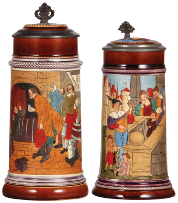 Two pottery steins, 1.0L & .5L, etched, J.W. Remy, 1296 & 829, inlaid lids, flakes on inlay rim of first, second is mint.