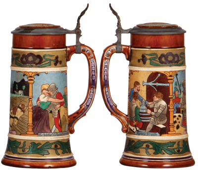 Two pottery steins, .5L, etched, hunter, pewter lid is dented & tear repaired; with, .5L, etched, marked J.W. Remy, 968, inlaid lid, mint. - 3