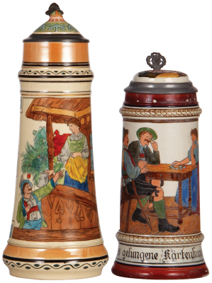Two steins, 1.5L, pottery, marked Gerz, 1465, transfer, inlaid lid, mint; with, 1.0L, marked 1259, etched, signed KB, inlaid lid, some glaze flakes on base.