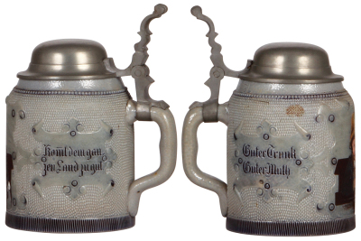Two steins, .5L, stoneware, marked H.R. 159, by Hauber & Reuther, etched, pewter lid, mint; with, .5L, pottery, marked 730, by J.W. Remy, etched, pewter lid, mint. - 2