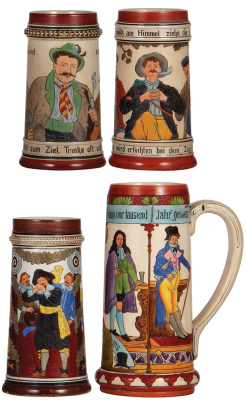 Four stoneware steins, .5L to 1.0L, etched, by Girmscheid, no lids, some color wear to bases, otherwise mint.