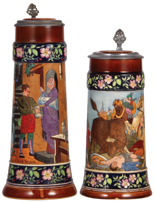 Two pottery steins, 1.5L, 13.5" ht., etched, 1498, by J.W. Remy, inlaid lid, inlay & top rim hairlines repaired; with, 1.0L, etched, marked T.P., 1496, inlaid lid, pewter tear repaired.