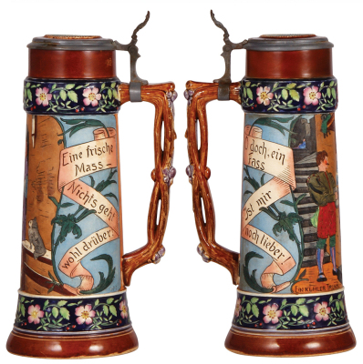 Two pottery steins, 1.5L, 13.5" ht., etched, 1498, by J.W. Remy, inlaid lid, inlay & top rim hairlines repaired; with, 1.0L, etched, marked T.P., 1496, inlaid lid, pewter tear repaired. - 2