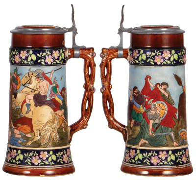 Two pottery steins, 1.5L, 13.5" ht., etched, 1498, by J.W. Remy, inlaid lid, inlay & top rim hairlines repaired; with, 1.0L, etched, marked T.P., 1496, inlaid lid, pewter tear repaired. - 3