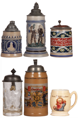 Six beer steins, stoneware, .4L, #603, relief, Romans, pewter lid, mint; with, stoneware, .5L, #1009, relief, Landsknecht, pewter lid is torn off, small chip; with, stoneware, .5L, design by Ringer, replaced lid with bronze inlay, pewter tear repaired, bo