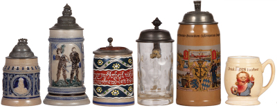 Six beer steins, stoneware, .4L, #603, relief, Romans, pewter lid, mint; with, stoneware, .5L, #1009, relief, Landsknecht, pewter lid is torn off, small chip; with, stoneware, .5L, design by Ringer, replaced lid with bronze inlay, pewter tear repaired, bo - 2