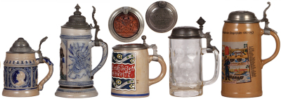 Six beer steins, stoneware, .4L, #603, relief, Romans, pewter lid, mint; with, stoneware, .5L, #1009, relief, Landsknecht, pewter lid is torn off, small chip; with, stoneware, .5L, design by Ringer, replaced lid with bronze inlay, pewter tear repaired, bo - 3