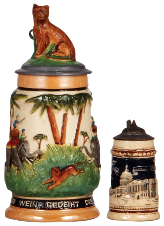 Two pottery steins, .3L, relief, safari scene, inlaid figural lid, mint; with, 3.5" ht., relief, Capitol, Washington, pewter lid, mint.