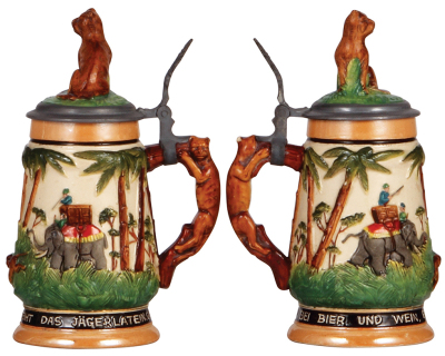 Two pottery steins, .3L, relief, safari scene, inlaid figural lid, mint; with, 3.5" ht., relief, Capitol, Washington, pewter lid, mint. - 2