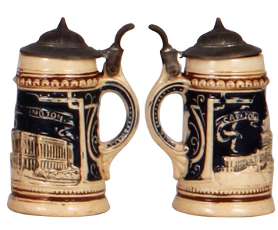 Two pottery steins, .3L, relief, safari scene, inlaid figural lid, mint; with, 3.5" ht., relief, Capitol, Washington, pewter lid, mint. - 3