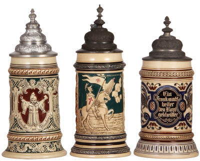 Three pottery steins, .5L, relief, marked 500, E. P. Roberts, Pittsburgh, PA, 907, pewter lids, third has a pewter tear repaired, otherwise all in good condition.            