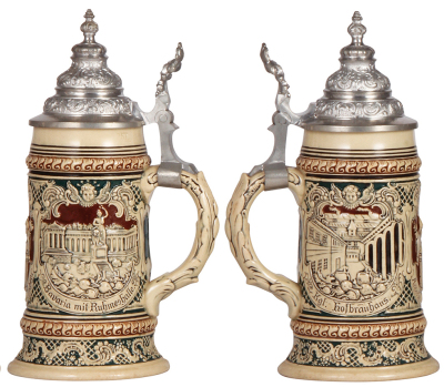 Three pottery steins, .5L, relief, marked 500, E. P. Roberts, Pittsburgh, PA, 907, pewter lids, third has a pewter tear repaired, otherwise all in good condition.             - 2