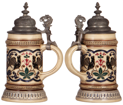 Three pottery steins, .5L, relief, marked 500, E. P. Roberts, Pittsburgh, PA, 907, pewter lids, third has a pewter tear repaired, otherwise all in good condition.             - 4