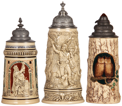 Three pottery steins, 1.0L, relief, marked 1120, Gambrinus, pewter lid, good condition; with, 1.0L, relief, marked 666, battle scene, pewter lid, good condition; with, .5L, relief, marked 1742, owls, replaced pewter lid, body good condition. 