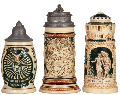 Three pottery steins, .3L, relief, unmarked, Ostendorff's German Restaurant, Philadelphia, pewter lid, repaired pewter tear, body good condition; with, .5L, relief, marked 428, Gut Holz, relief pewter lid, good condition; with, .5L, relief, castle, missin