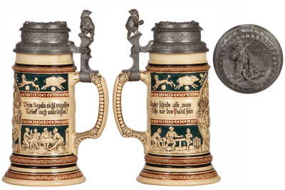 Three pottery steins, .3L, relief, unmarked, Ostendorff's German Restaurant, Philadelphia, pewter lid, repaired pewter tear, body good condition; with, .5L, relief, marked 428, Gut Holz, relief pewter lid, good condition; with, .5L, relief, castle, missin - 3