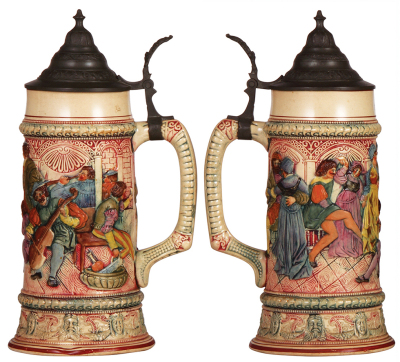 Three Diesinger steins, pottery , 1.0L, 71, relief, browning; with, 1.0L, 196, relief; with, 1.0L, 589, relief, all have pewter lids, very good condition. - 2