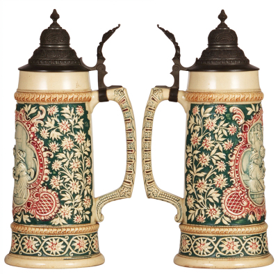 Three Diesinger steins, pottery , 1.0L, 71, relief, browning; with, 1.0L, 196, relief; with, 1.0L, 589, relief, all have pewter lids, very good condition. - 3
