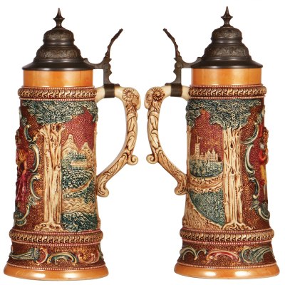 Three Diesinger steins, pottery , 1.0L, 71, relief, browning; with, 1.0L, 196, relief; with, 1.0L, 589, relief, all have pewter lids, very good condition. - 4