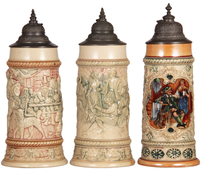 Three Diesinger steins, pottery, 1.0L, 70, relief; with, 1.0L, 71, relief, base stain; with, 1.0L, 198, relief, all have pewter lids, very good condition.