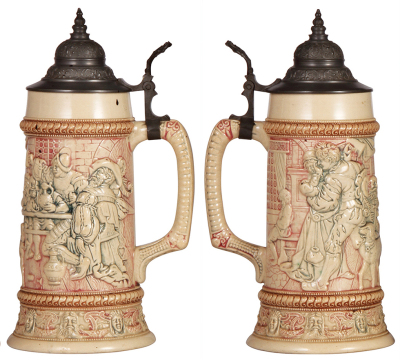 Three Diesinger steins, pottery, 1.0L, 70, relief; with, 1.0L, 71, relief, base stain; with, 1.0L, 198, relief, all have pewter lids, very good condition. - 2
