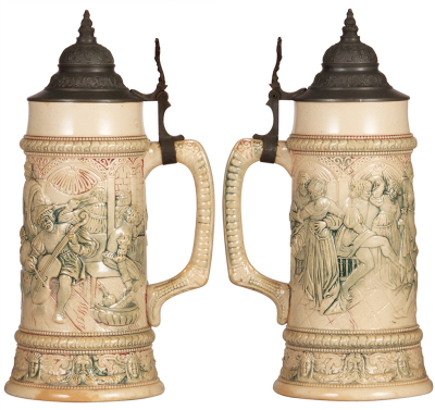 Three Diesinger steins, pottery, 1.0L, 70, relief; with, 1.0L, 71, relief, base stain; with, 1.0L, 198, relief, all have pewter lids, very good condition. - 3