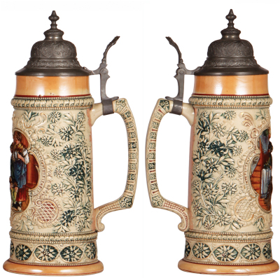 Three Diesinger steins, pottery, 1.0L, 70, relief; with, 1.0L, 71, relief, base stain; with, 1.0L, 198, relief, all have pewter lids, very good condition. - 4