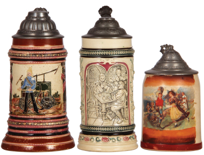 Three Diesinger steins, pottery, .5L, 1396, threading, Fireman, blue glaze flake; with, .5L, relief, four base flakes, lid tear; with, .5L, transfer & hand-painted, good condition, all have pewter lids.