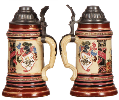 Three Diesinger steins, pottery, .5L, 1396, threading, Fireman, blue glaze flake; with, .5L, relief, four base flakes, lid tear; with, .5L, transfer & hand-painted, good condition, all have pewter lids. - 2