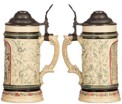 Three Diesinger steins, pottery, .5L, 1396, threading, Fireman, blue glaze flake; with, .5L, relief, four base flakes, lid tear; with, .5L, transfer & hand-painted, good condition, all have pewter lids. - 3