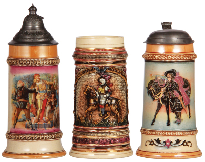 Three Diesinger steins, pottery, .5L, transfer & hand-painted, pewter lid; with, .5L, 149, relief, no lid; with, .5L, 3115, threading, metal lid is old replacement, bodies all good condition. LOT 7272