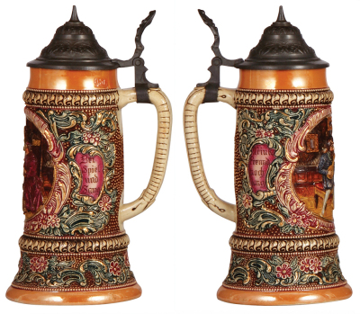 Three Diesinger steins, pottery, .5L, 87, relief, pewter lid, good condition; with, .5L, 1490, threading, pewter lid, gold wear on base, otherwise good condition; with, .5L, threading, inlaid lid, good condition. - 2