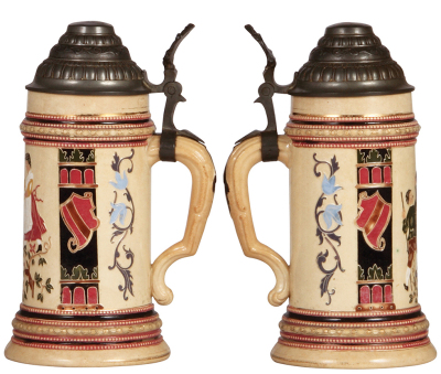 Three Diesinger steins, pottery, .5L, 87, relief, pewter lid, good condition; with, .5L, 1490, threading, pewter lid, gold wear on base, otherwise good condition; with, .5L, threading, inlaid lid, good condition. - 3