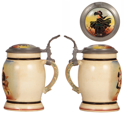 Three Diesinger steins, pottery, .5L, 87, relief, pewter lid, good condition; with, .5L, 1490, threading, pewter lid, gold wear on base, otherwise good condition; with, .5L, threading, inlaid lid, good condition. - 4