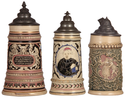 Three Diesinger steins, pottery, .5L, 94, relief; with, .5L, 1188, threading; with, .5L, 33, relief, all have pewter lids, third has a lid dent & tear, otherwise all good condition. LOT 7275