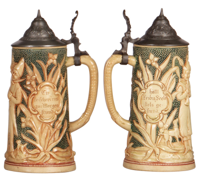 Three Diesinger steins, pottery, 1.0L, 802, relief, pewter lid, base chip; with, .5L, relief, pewter lid, good condition, very nice; with, .5L, 762, relief, pewter lid is old replacement, body good condition. - 4